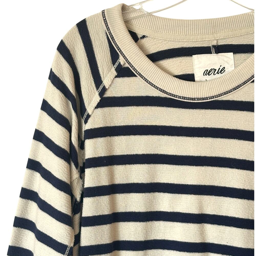 Aerie East West Crew Sweatshirt Womens Large Ivory Navy Striped Oversized Beachy - Picture 3 of 10